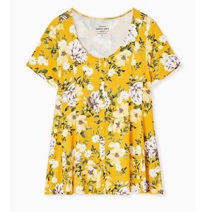 TORRID SOFT YELLOW FLORAL FIT & FLARE BUTTON TOP